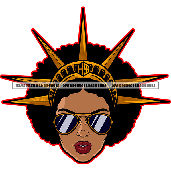 Beautiful Afro Woman Statue Of Liberty Head Design Element Afro Woman Wearing Sunglass Vector Crown On Head Afro Hair Style SVG JPG PNG Vector Clipart Cricut Cutting Files