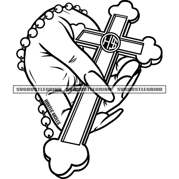 Woman Hand Holding Cross Design Element God Sign Vector Color Art Work Black And White BW Woman Hand Long Nail SVG JPG PNG Vector Clipart Cricut Cutting Files