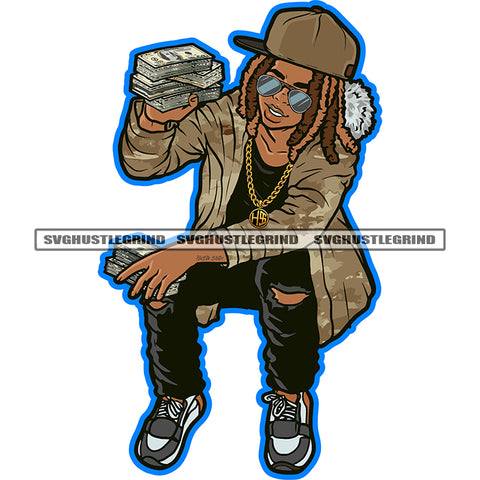 Young Gangster Boy Holding Money Bundle Vector Wearing Sunglass And Cap Locus Hair Style Design Element White Background SVG JPG PNG Vector Clipart Cricut Cutting Files