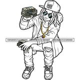 Young Gangster Boy Holding Money Bundle Black And White BW Vector Wearing Sunglass And Cap Locus Hair Style Design Element SVG JPG PNG Vector Clipart Cricut Cutting Files