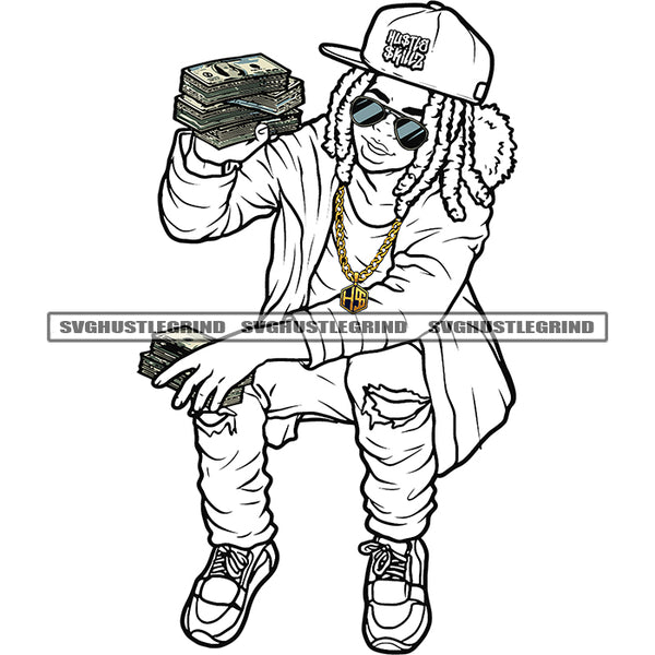 Young Gangster Boy Holding Money Bundle Black And White BW Vector Wearing Sunglass And Cap Locus Hair Style Design Element SVG JPG PNG Vector Clipart Cricut Cutting Files