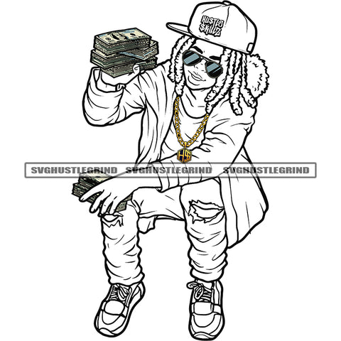 Young Gangster Boy Holding Money Bundle Black And White BW Vector Wearing Sunglass And Cap Locus Hair Style Design Element SVG JPG PNG Vector Clipart Cricut Cutting Files