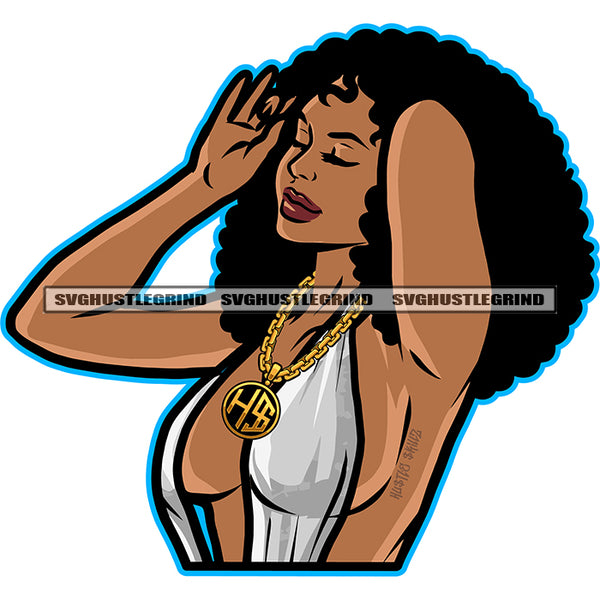 Afro Gangster Sexy Woman Head Design Element Wearing Bikini Vector White Background Afro Hair Style Woman Hand On Hair SVG JPG PNG Vector Clipart Cricut Cutting Files