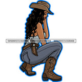 Melanin Woman Sitting Position Vector Curly Hair Style Design Element Woman Wearing Cowboy Hat White Background SVG JPG PNG Vector Clipart Cricut Cutting Files