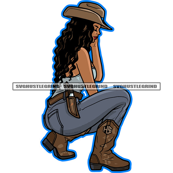 Melanin Woman Sitting Position Vector Curly Hair Style Design Element Woman Wearing Cowboy Hat White Background SVG JPG PNG Vector Clipart Cricut Cutting Files