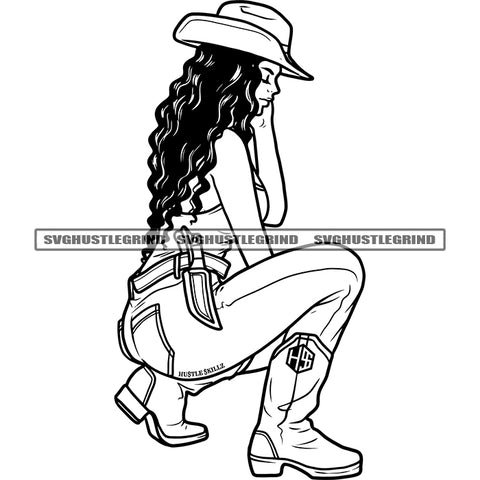 Gangster Melanin Woman Sitting Position Vector Curly Hair Style Black And White Design Element Woman Wearing Cowboy Hat SVG JPG PNG Vector Clipart Cricut Cutting Files
