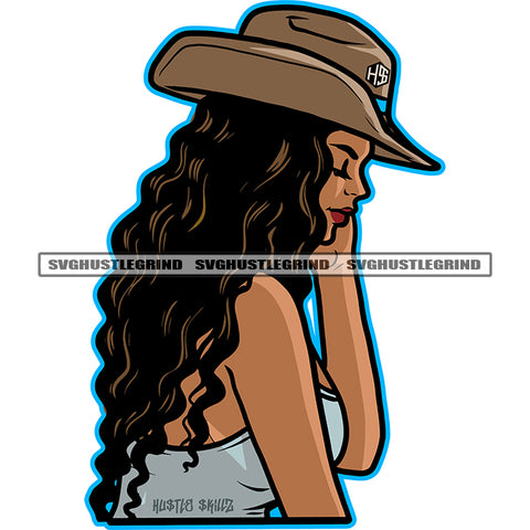 Beautiful Melanin Woman Wearing Cowboy Hat Vector Curly Long Hair Design Element Side Face Design Element White Background SVG JPG PNG Vector Clipart Cricut Cutting Files