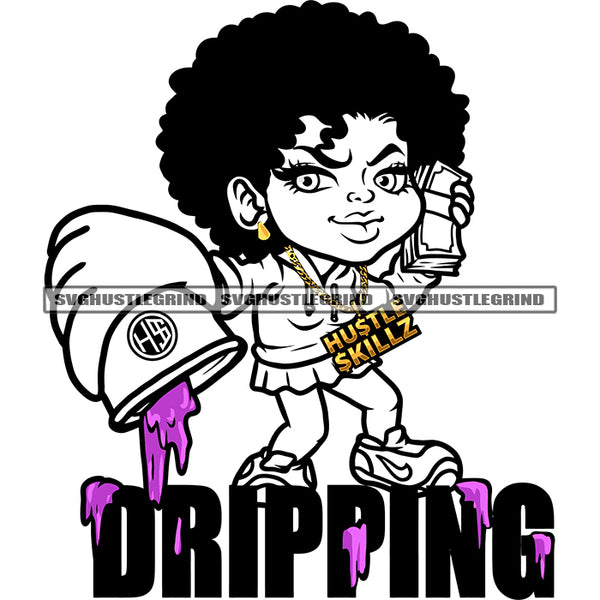 Dripping Quote African Girls Holding Juice Glass And Bundle Black And White BW Money Afro Hair Style Vector Girl Smile Face Design Element SVG JPG PNG Vector Clipart Cricut Cutting Files