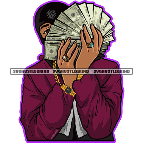 Afro Gangster Man Holding Cash Money Wearing Mask Vector Design Element African Man Wearing Ring Watch Chain White Background Hide Face On Money SVG JPG PNG Vector Clipart Cricut Cutting Files