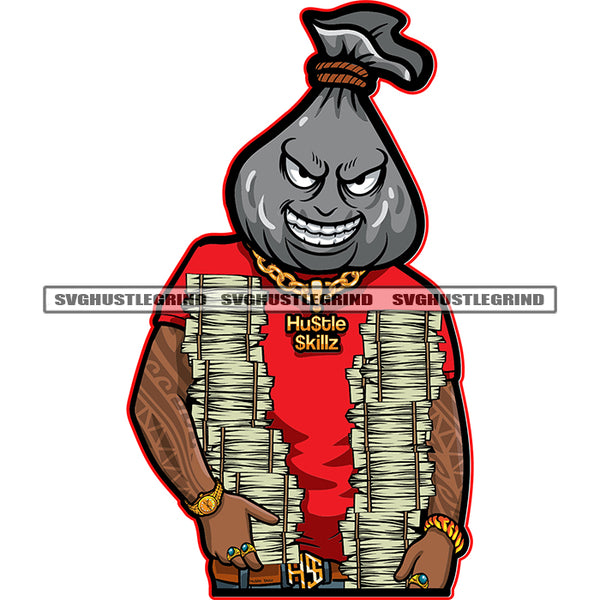 Black Man Money Bag Head Stacks Dollar Bills Arm Tattoos Watch Bracelet Rings Vector Smile Face White Background Design Element SVG JPG PNG Vector Clipart Cricut Cutting Files