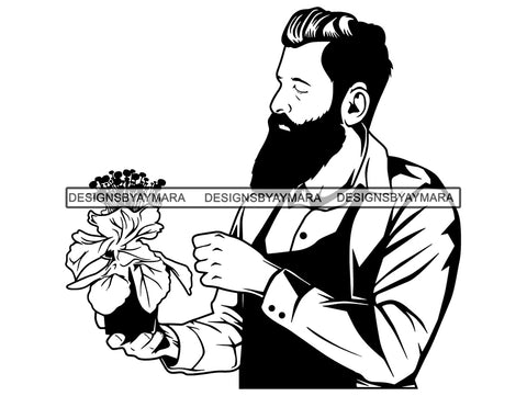 Gardener Garden Man Flower Plant Florist Shop Beard Stud Uniform Attire Store Attendant Plant Pot .SVG .JPG .EPS .PNG Vector Clipart Cricut Cutting Cut