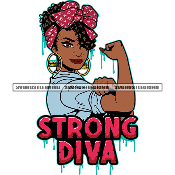 Strong Diva Color Quote Afro Fitness Woman Showing Machel Vector Body Builder Gym Girls Curly Hair Design Element White Background SVG JPG PNG Vector Clipart Cricut Cutting Files