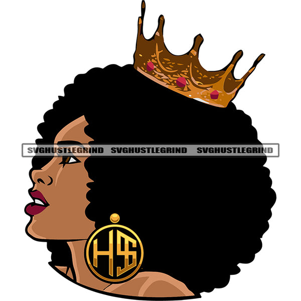 African Woman Side Face Curly Hair Design Element Melanin Woman Crown On Head Open Eyes White Background SVG JPG PNG Vector Clipart Cricut Cutting Files
