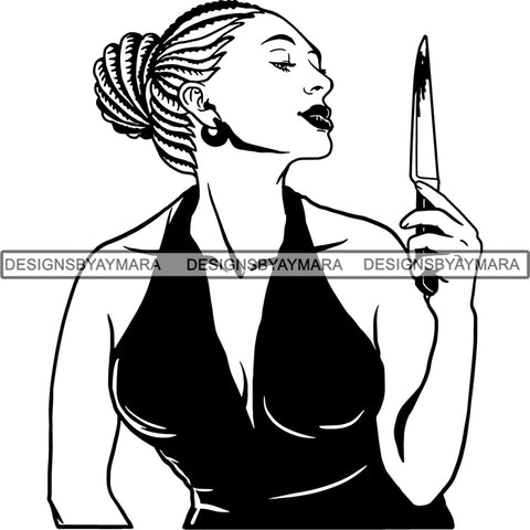 Afro Woman Holding Knife Blood Scary Halloween Horror Holiday Spooky Mystery Creepy SVG Cutting Files For Silhouette Cricut and More