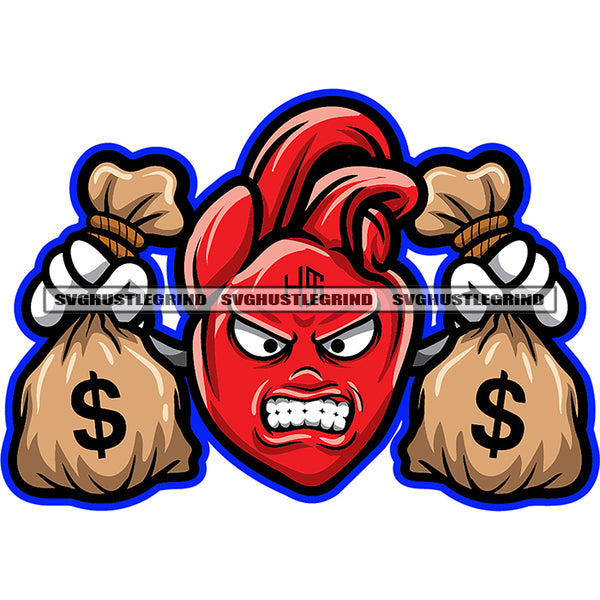 Cartoon Money Bag Character Angry Face Holding Money Bag Vector Design Element White Background Cash Bag Full SVG JPG PNG Vector Clipart Cricut Cutting Files