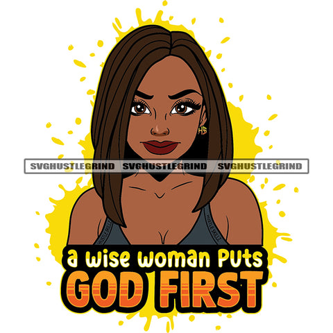 A Wise Woman Puts God First Color Quote Beautiful Afro Woman Face Design Element State Hair Style Smile Face Vector SVG JPG PNG Vector Clipart Cricut Cutting Files
