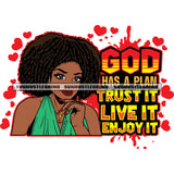God Has A Plan Trust It Live It Enjoy It Quote African Woman Head Design Element Long Nail Afro Hair Style Green Dress SVG JPG PNG Vector Clipart Cricut Cutting Files