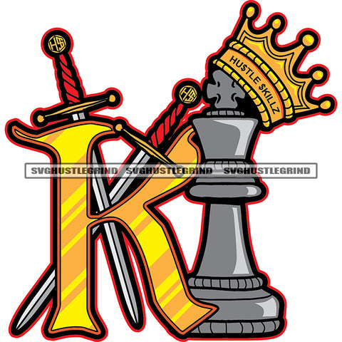 Fancy Monogram Personalized K Quote Design Element  Crown On King Head Knife Crossed Color Design White Background SVG JPG PNG Vector Clipart Cricut Cutting Files