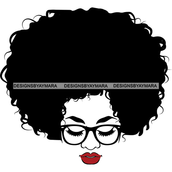 Afro Big Hair Style Woman Head Design Element Black And White Woman Face Lipstick Vector White Background Girls Wearing Sunglass SVG JPG PNG Vector Clipart Cricut Cutting Files