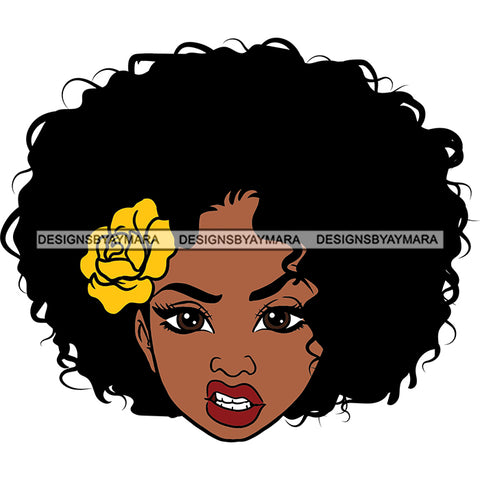 Afro Woman Mad Angry Mean Face Bamboo Hoop Earrings Yellow Rose Black Girl Magic White Background Afro Big Curly Hair Design Element SVG JPG PNG Vector Clipart Cricut Cutting Files