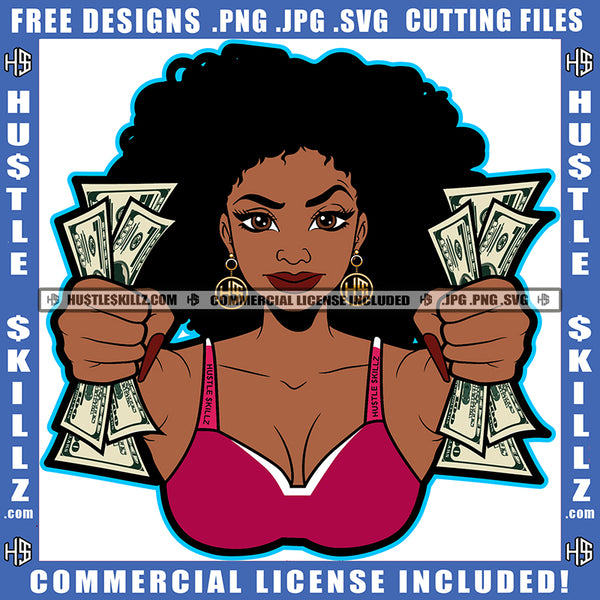Nubian Woman Holding Money Cash Bank Dollar Bill Melanin Hustler Hustling Grind Grinding Curly Hair Vector Design Element SVG JPG PNG Vector Clipart Cricut Cutting Files