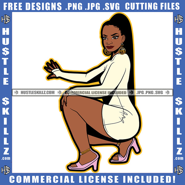 African American Sexy Woman Sitting Pose Melanin Girl Spa Hair Design Element Magic Ski Mask Gangster SVG JPG PNG Vector Clipart Cricut Cutting Files