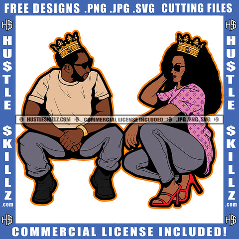 African American Beautiful Couple Sitting Pose Crown On Head Design Element Afro Hair Melanin Couple Wearing Sunglass SVG JPG PNG Vector Clipart Cricut Cutting Files