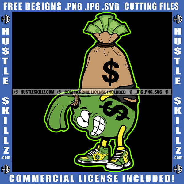 Funny Cartoon The Cash Of Money Bag Character Charring Money Bag Design Element Money Bag Tired Face Vector SVG JPG PNG Vector Clipart Cricut Cutting Files