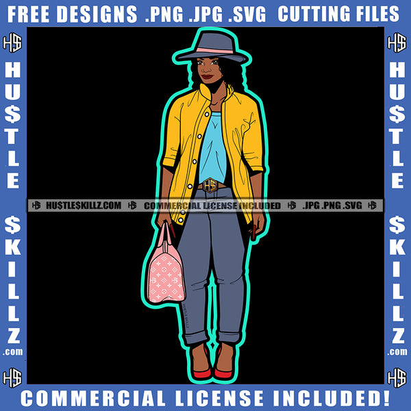 African American Woman Standing Holding Bag Melanin Girl Wearing Hat Design Element Bad Ass Magic Ski SVG JPG PNG Vector Clipart Cricut Cutting Files