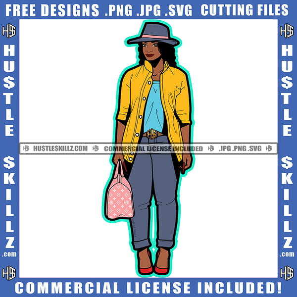 African American Woman Standing Holding Bag Melanin Girl Wearing Hat Design Element Bad Ass Magic Ski SVG JPG PNG Vector Clipart Cricut Cutting Files