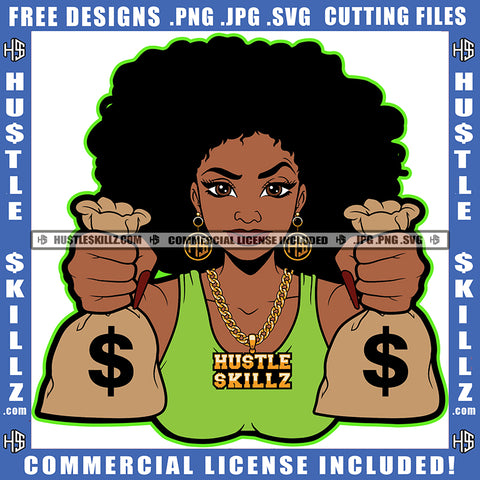 African American Beautiful Woman Holding Money Bag Melanin Nubian Girl Afro Hair Cute Face Design Element Magic Ski Mask Gangster SVG JPG PNG Vector Clipart Cricut Cutting Files