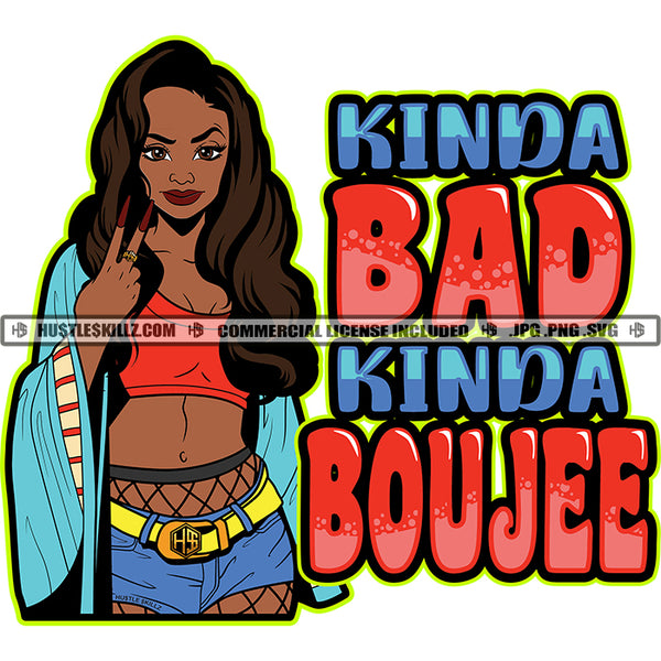 Kinda Bad Kinda Boujee Quote Color Vector African American Woman Standing Beautiful Girl Peace Hand Sign Pose Wearing Bikini Design Element SVG JPG PNG Vector Clipart Cricut Cutting Files