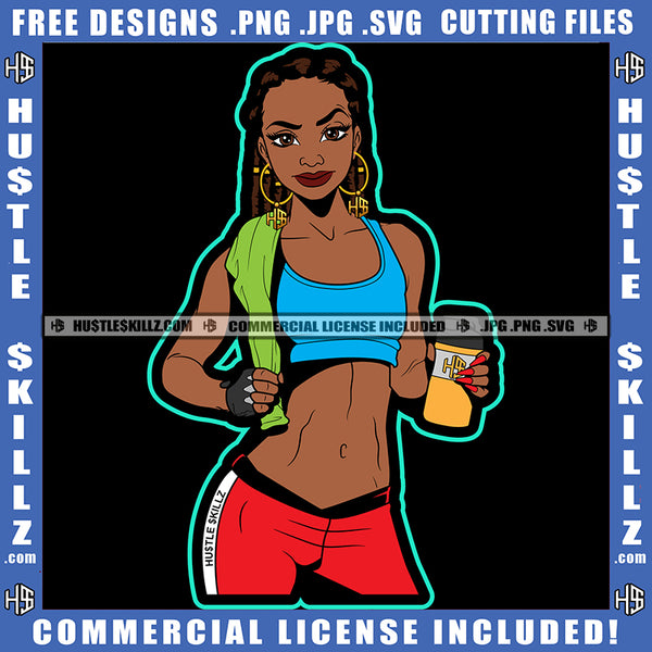 African American Bodybuilder Woman Standing Fitness Melanin Girl Holding Bottle Design Element Magic Ski Angry Face SVG JPG PNG Vector Clipart Cricut Cutting Files