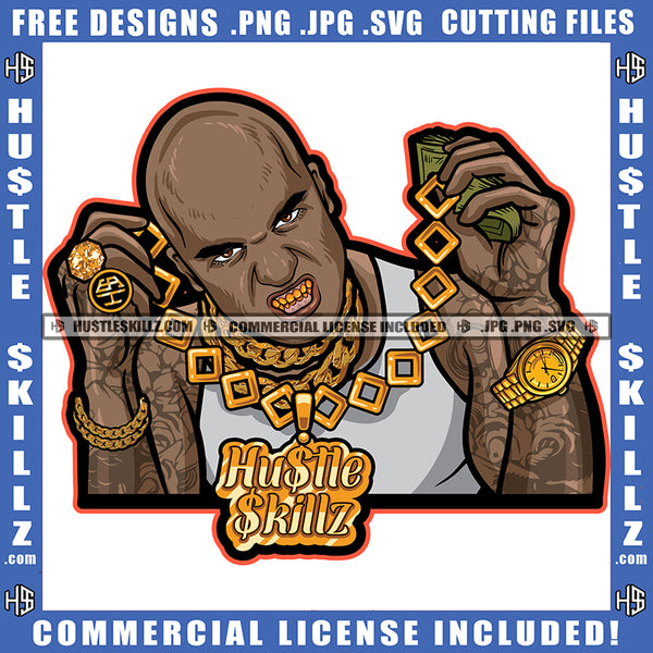 Bald Black Man Gold Grill Chain Watch Bracelet Rings Gangster Angry Face Man Hustler Icon Graphic Grind SVG PNG JPG Vector Cutting Cricut Files