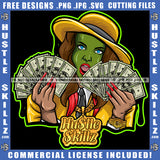 Green Face Woman Hat Dollar Bills Holding Cash Money Jacket Tongue Out Nails Bad Ass Icon Graphic Grind SVG PNG JPG Vector Cutting Cricut Files