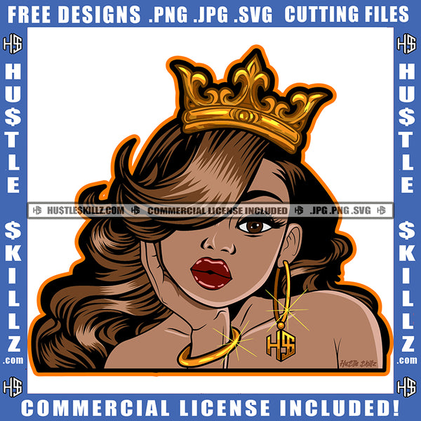 African American Beautiful Black Queen Crown On Hand Chin Flipped Hair Design Element Bracelet Hoops Hustler Graphic Grind SVG PNG JPG Vector Cutting Cricut