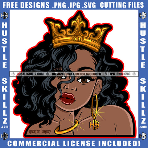 African American Beautiful Woman Queen Crown On Head Melanin Flipped Hair Bracelet Hoops Hustler Graphic Grind SVG PNG JPG Vector Cutting Cricut Files