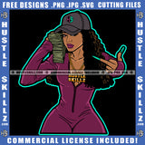 African American Melanin Woman Holding Money Baseball Cap Hat Gangster Hustling Gold Chain Middle Finger Logo SVG PNG JPG Vector Cricut Cut Files