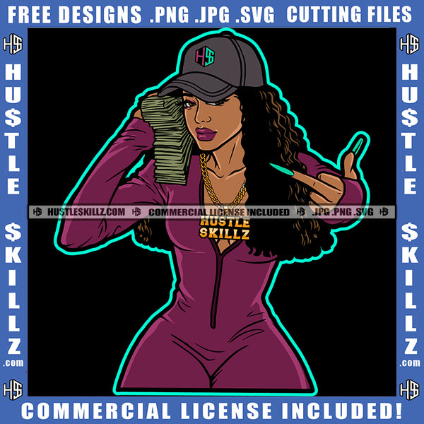 African American Melanin Woman Holding Money Baseball Cap Hat Gangster Hustling Gold Chain Middle Finger Logo SVG PNG JPG Vector Cricut Cut Files