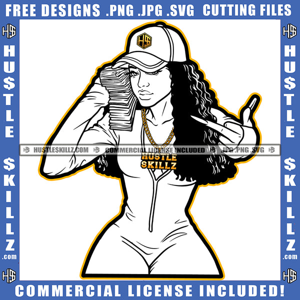 Melanin Woman Holding Money Baseball Cap Hat Gangster Hustling Gold Chain Middle Finger Hand Sign Logo SVG PNG JPG Vector Cricut Cut Files