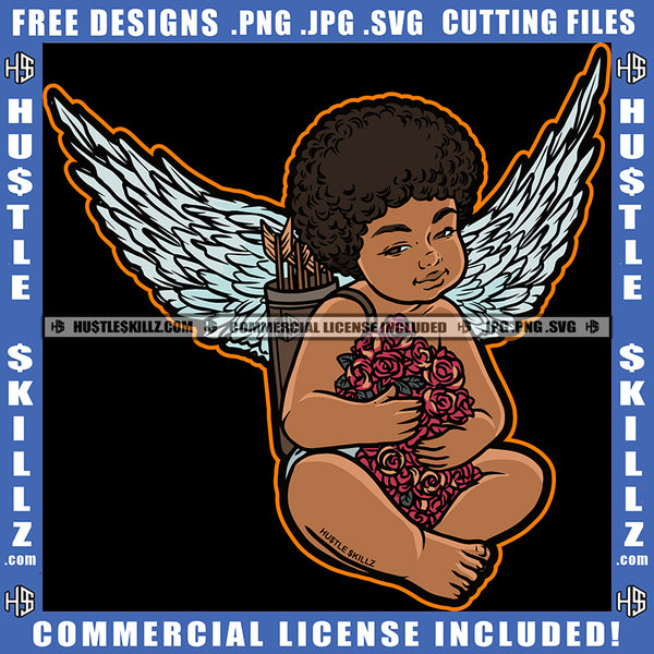 African American Baby Angle Setting And Holding Rose Flower Vector Design Element Angle Wings Afro Hair SVG JPG PNG Vector Clipart Cricut Cutting Files