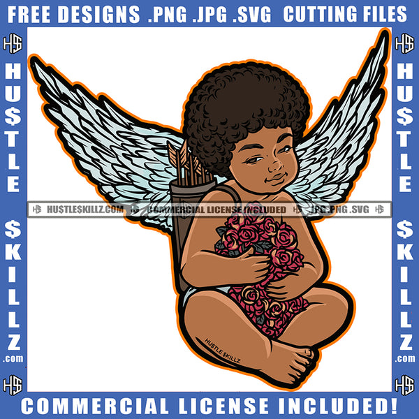 African American Baby Angle Setting And Holding Rose Flower Vector Design Element Angle Wings Afro Hair SVG JPG PNG Vector Clipart Cricut Cutting Files