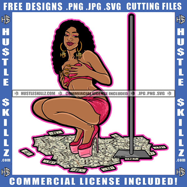 African American Sexy Woman Sitting On Floor Lot Of Money On Floor Curly Hair Vector Design Element Sexy Woman Hand On Body SVG JPG PNG Vector Clipart Cricut Cutting Files