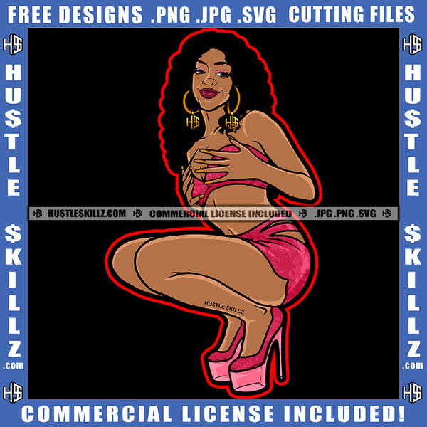 African American Sexy Woman Sitting On Floor Melanin Woman Curly Hair Vector Design Element Sexy Woman Hand On Body SVG JPG PNG Vector Clipart Cricut Cutting Files