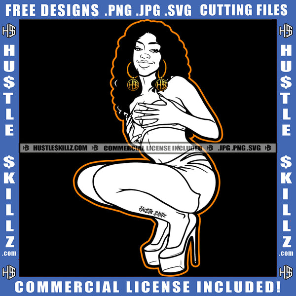 African American Girl Bad Ass Vector Design Element Melanin Woman Nubian Sexy Pose Vector Cut Cutting Silhouette Curly Black Hair High Heel Clipart JPG PNG SVG