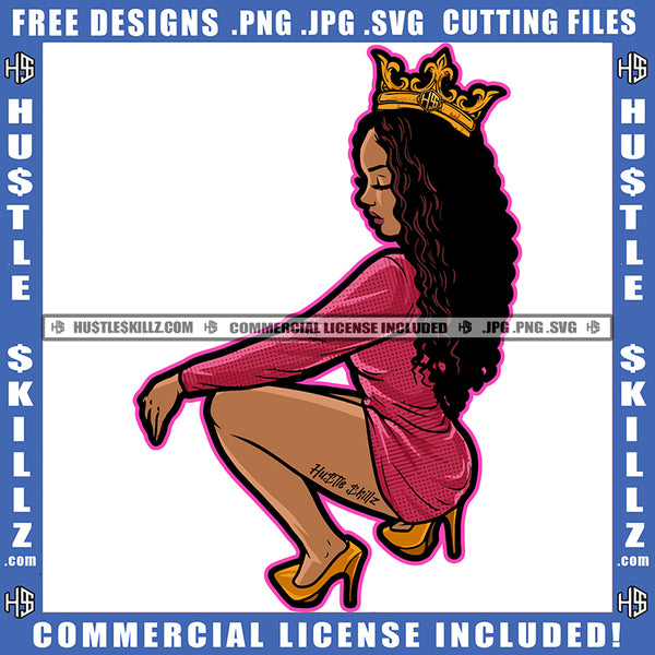 African American Girl Bad Ass Color Vector Design Melanin Woman Nubian Girl Waring Crown Vector Melanin Woman Nubian Curly Hair Girl Circuit Cut Cutting Clipart JPG PNG SVG