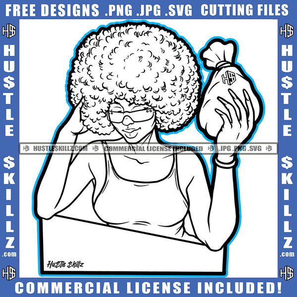 African American Bad Ass Women Vector Design Melanin Woman Design Element Money On Hand Waring Sunglass Curly Hair Hustler Circuit Cut Cutting Clipart JPG PNG SVG