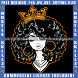 African American Woman Head Vector Wearing Crown Ornaments Vector Melanin Nubian Woman Design Element Curly Hair Earring Hustler Clipart JPG PNG SVG