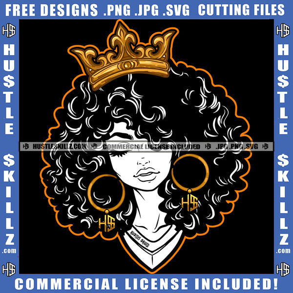 African American Woman Head Vector Wearing Crown Ornaments Vector Melanin Nubian Woman Design Element Curly Hair Earring Hustler Clipart JPG PNG SVG
