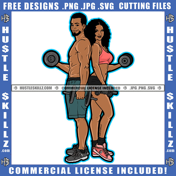 African American Fitness Couple Vector Nubian Couple Standing With Dumbbell On Hand Color Vector Design Element Melanin Woman Man Bodybuilder Clipart JPG PNG SVG
